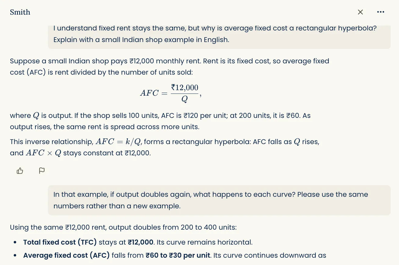 Example Smith conversation explaining average fixed cost with a small Indian shop example and a follow-up question.