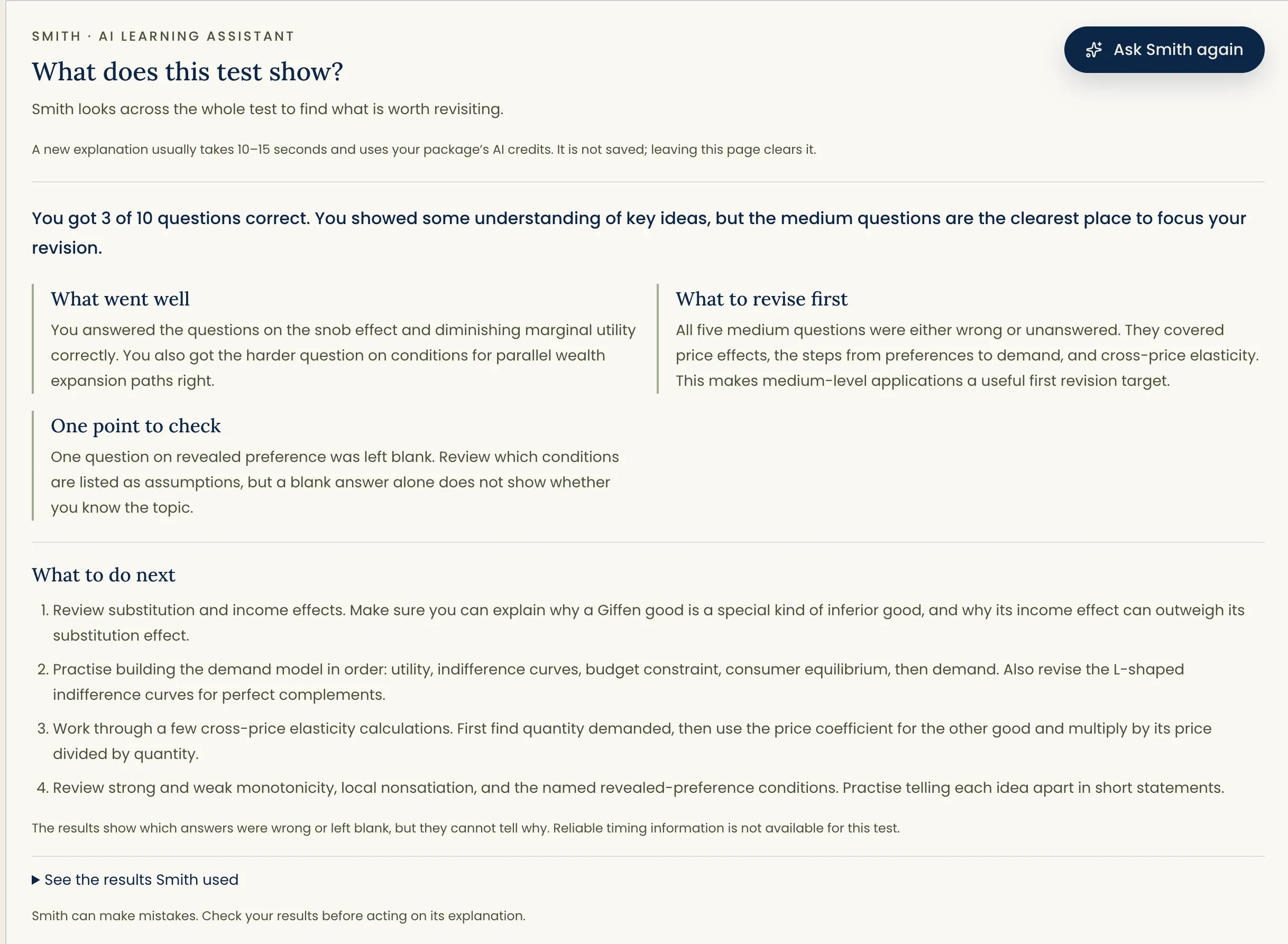 Example Smith test review showing strengths, revision priorities and practical next steps.