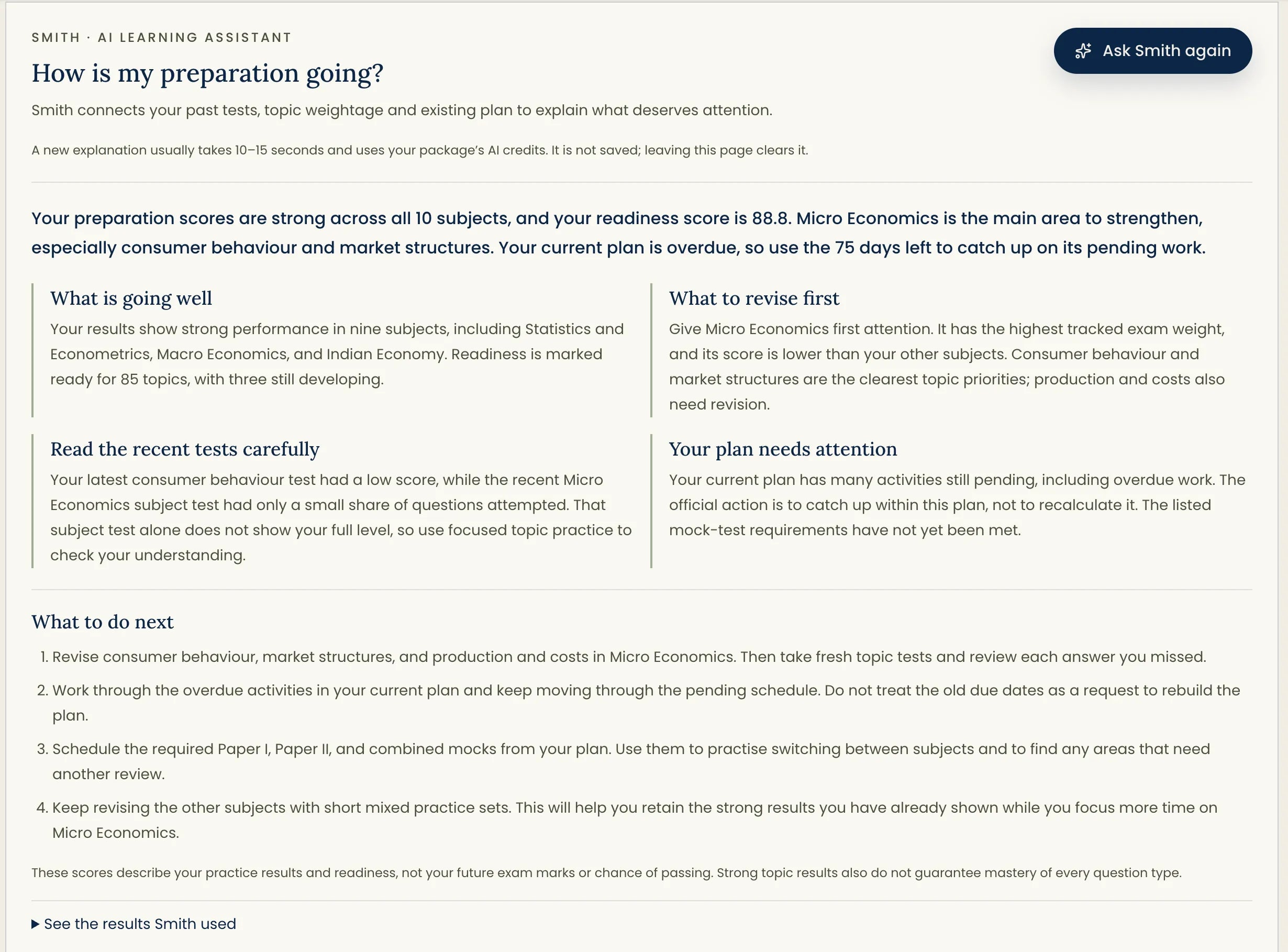 Example Smith preparation review showing strengths, priority subjects, plan progress and next steps.